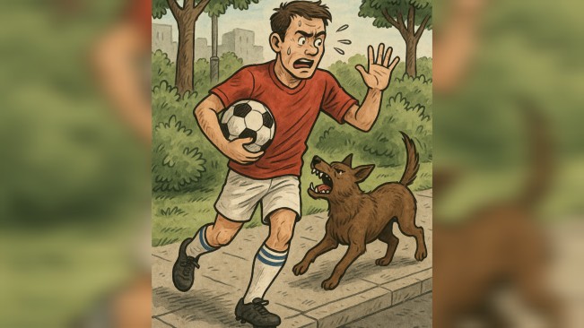 Ilustrasi pesepakbola diserang anjing. [ChatGPT/FT News]